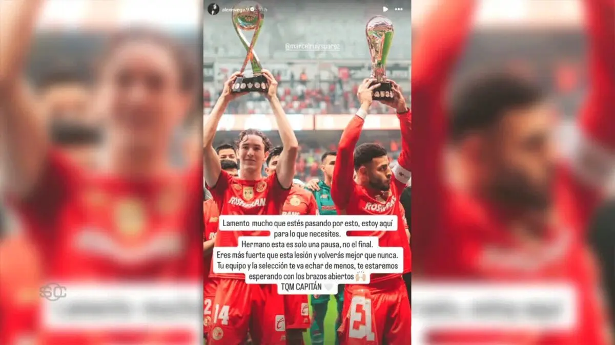 Alexis Vega mengirim pesan solidaritas kepada Marcel Ruiz (0:26) Pencetak gol Toluca menunjukkan dukungannya kepada rekan setimnya di tim nasional Meksiko, setelah dipastikan cederanya yang membuatnya absen dari Piala Dunia. (0:26)