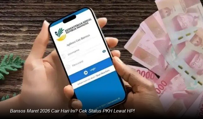 INFO RESMI KEMENSOS - Tampilan antarmuka website Cek Bansos di layar ponsel pintar yang sedang diakses oleh penerima bantuan.