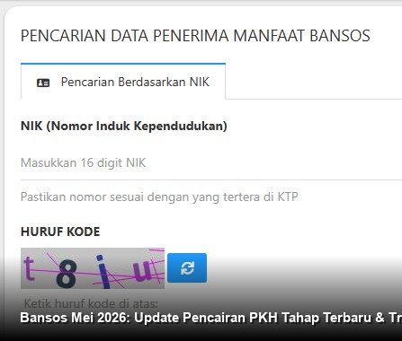 INFO RESMI KEMENSOS - Tampilan antarmuka website cek bansos di smartphone yang menunjukkan status pencairan bantuan PKH dan BPNT bulan Mei 2026 secara transparan.