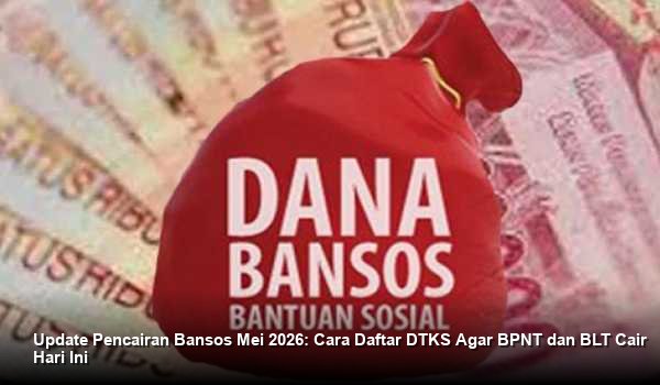INFO RESMI KEMENSOS - Ilustrasi warga sedang melakukan pengecekan status bantuan melalui website resmi Kemensos di smartphone dengan latar belakang kantor Bank Penyalur.