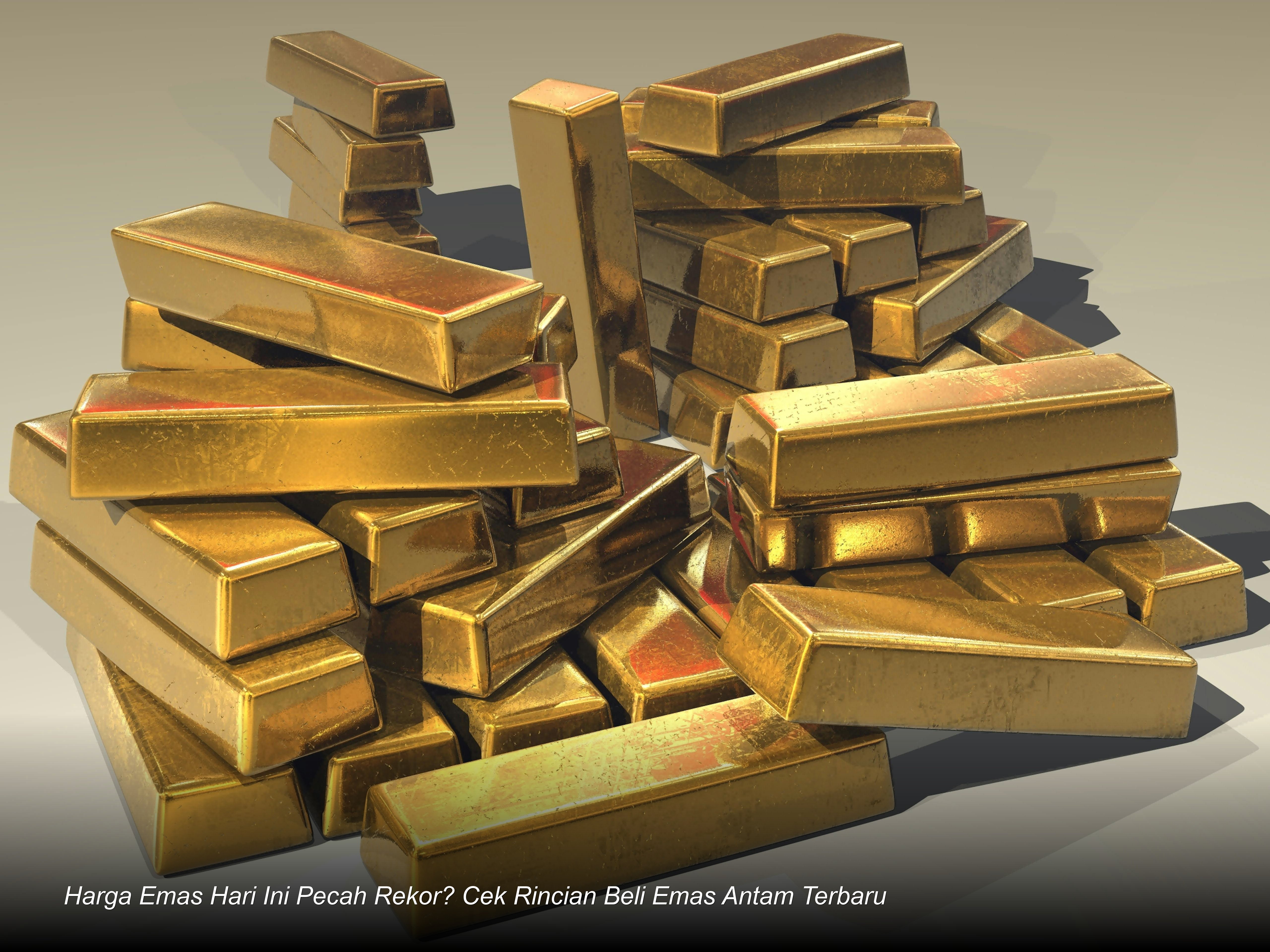 Tumpukan emas batangan murni berkilauan di atas grafik harga yang menunjukkan tren kenaikan signifikan.
