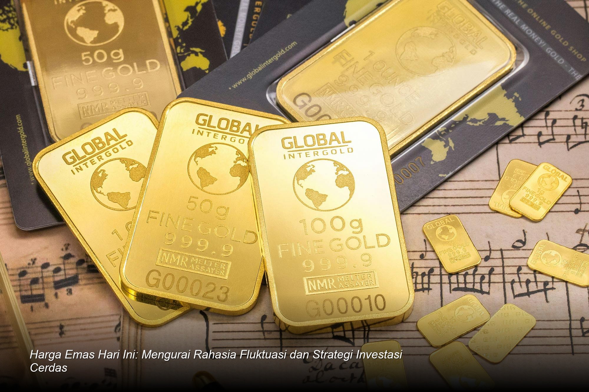 Emas batangan 100 gram berkilau di atas meja dengan latar belakang grafik pergerakan harga yang sedang menanjak.