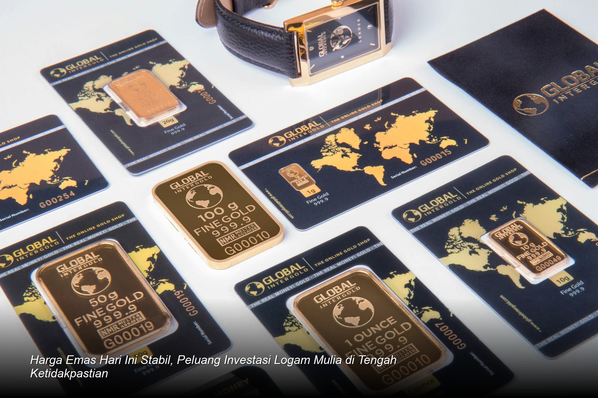 Emas batangan berkilauan diletakkan di atas grafik harga yang menunjukkan tren stabil, melambangkan keamanan investasi.