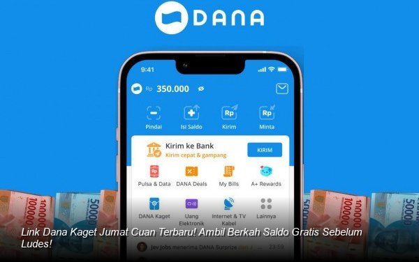 Ilustrasi tangan menggenggam smartphone dengan notifikasi amplop digital merah dari aplikasi DANA muncul di layar.