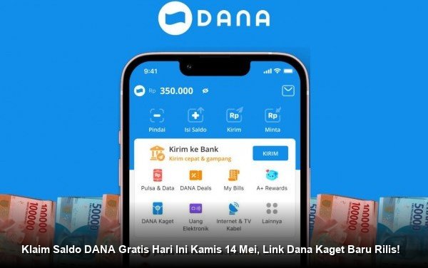 Ilustrasi aplikasi DANA pada layar smartphone yang menampilkan amplop digital merah terbuka dengan koin emas bertebaran di sekitarnya.