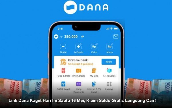 Ilustrasi tangan memegang smartphone yang menampilkan aplikasi DANA dengan ikon amplop digital merah bertuliskan DANA Kaget di atas latar belakang biru.