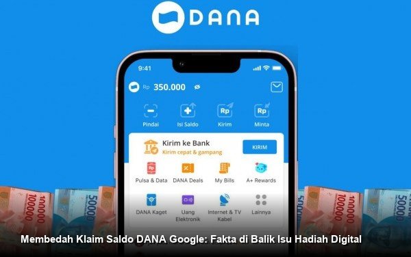Ilustrasi seseorang sedang membandingkan antara layar ponsel dengan ikon DANA dan logo Google, menyimbolkan perbandingan antara fakta dan mitos.