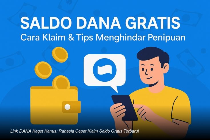 Ilustrasi tangan memegang smartphone dengan notifikasi saldo DANA masuk dari amplop digital berwarna merah.