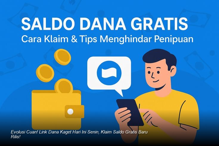 Ilustrasi smartphone yang menampilkan aplikasi DANA dengan amplop digital merah yang terbuka dan koin emas yang berhamburan.