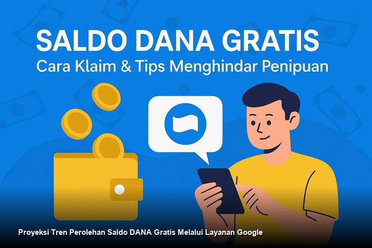 Ilustrasi tangan memegang ponsel pintar dengan logo Google dan aplikasi dompet digital DANA di layar.