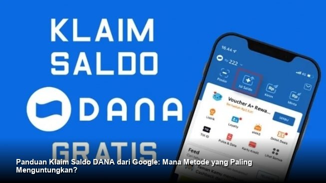 Tampilan antarmuka aplikasi DANA berdampingan dengan logo aplikasi Google sebagai representasi klaim saldo digital.