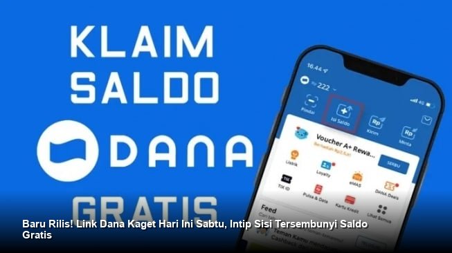 Ilustrasi smartphone menampilkan aplikasi DANA dengan amplop digital merah terbuka dan koin emas bertebaran di sekitarnya.