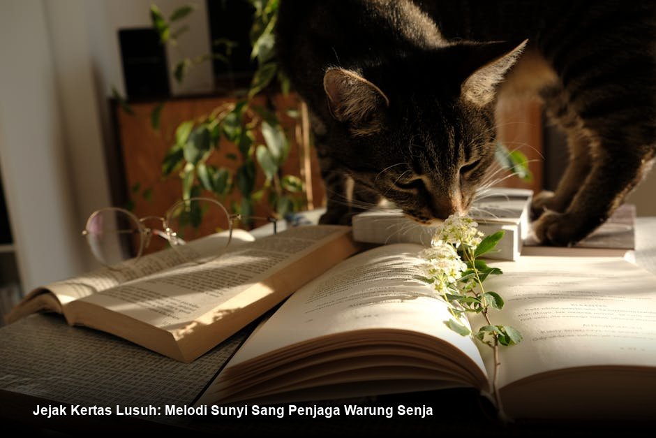 Seorang gadis muda dengan tatapan mata penuh harap sedang memegang buku tua bersampul lusuh di bawah cahaya remang lampu minyak di sebuah warung kecil saat senja.