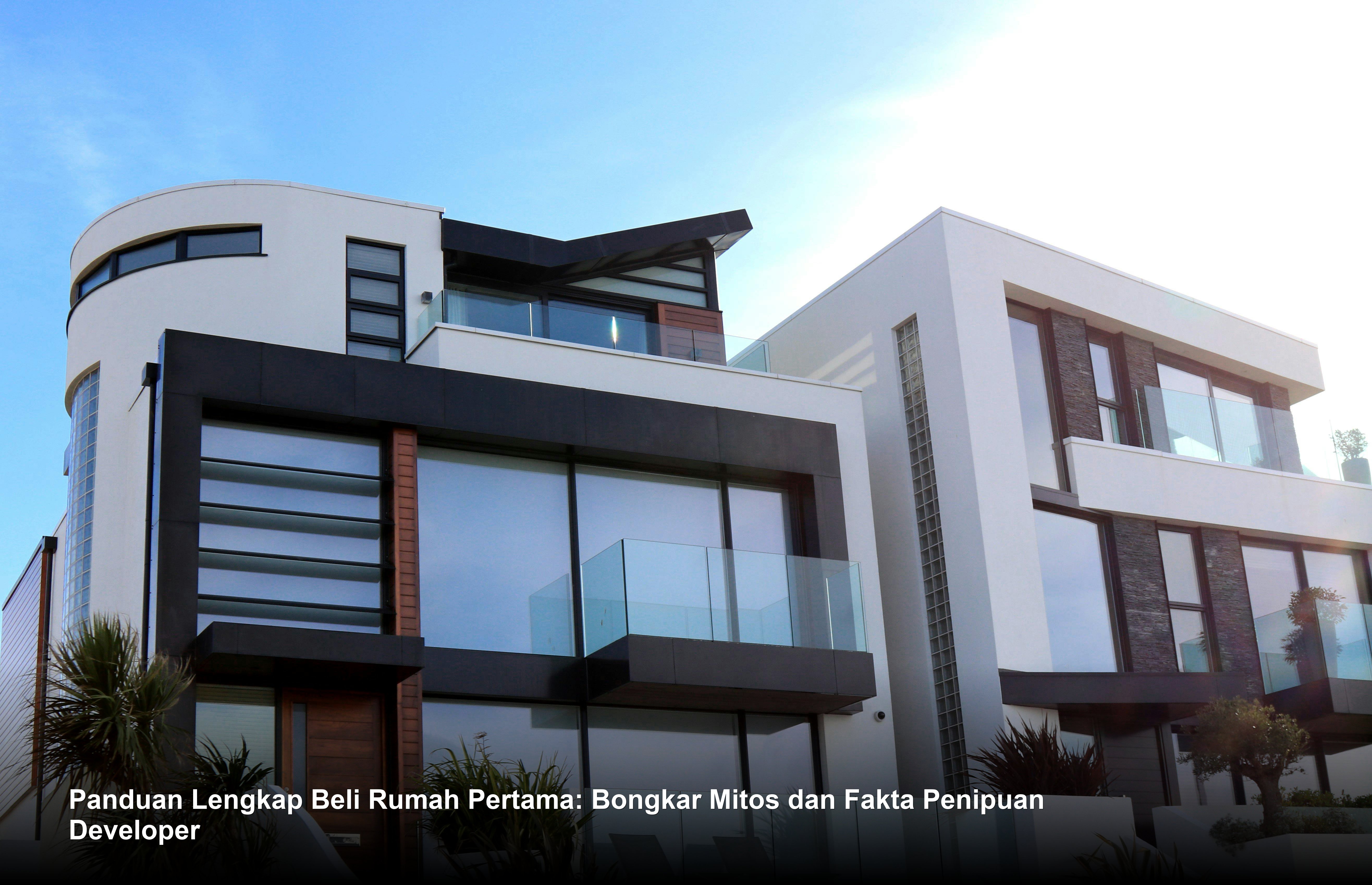 Sebuah rumah minimalis modern dengan taman asri yang sedang dalam proses peninjauan oleh calon pembeli bersama konsultan properti profesional.