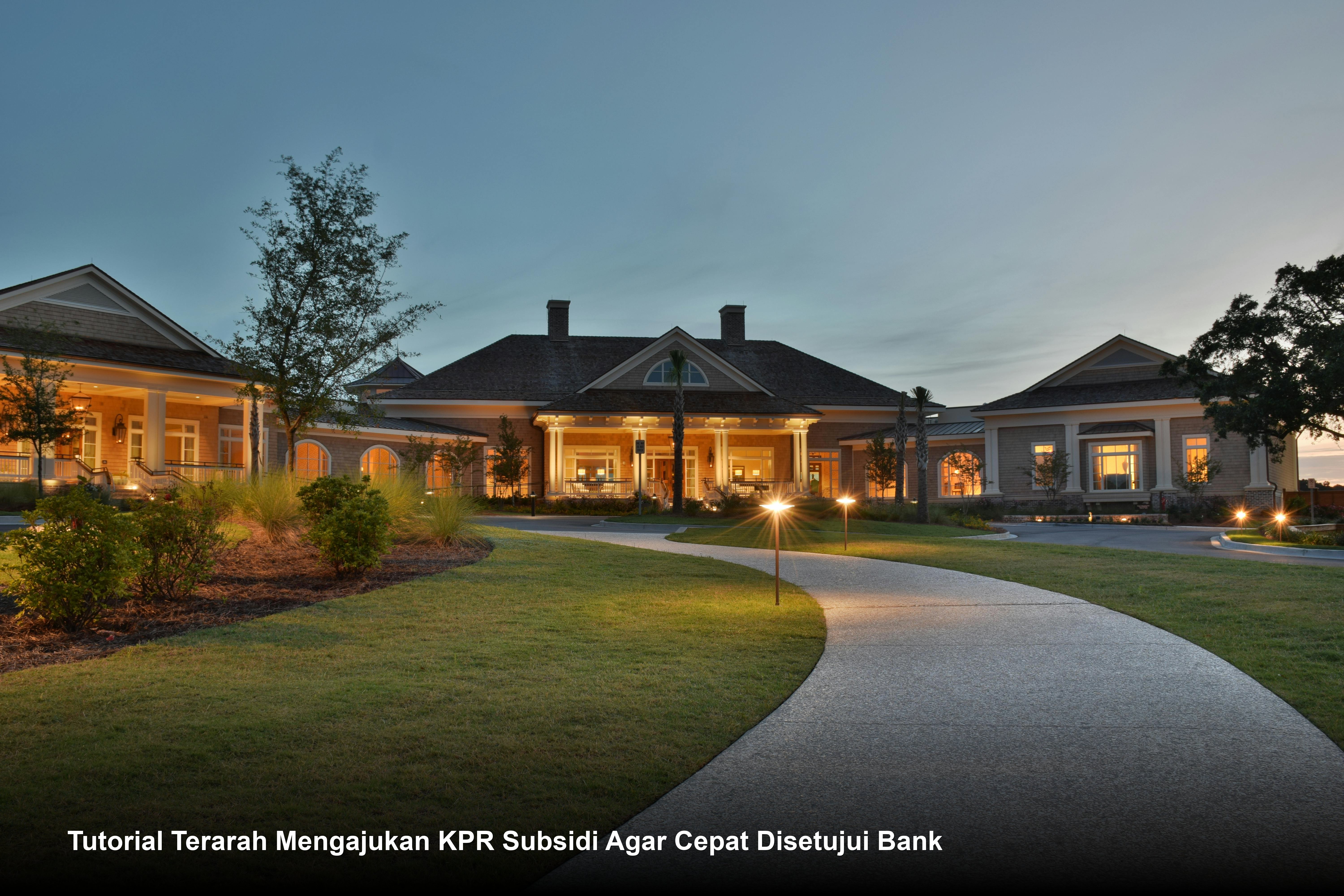 Visualisasi eksterior rumah minimalis modern dengan taman asri yang dikelilingi pagar putih dan suasana lingkungan perumahan yang tertata rapi.