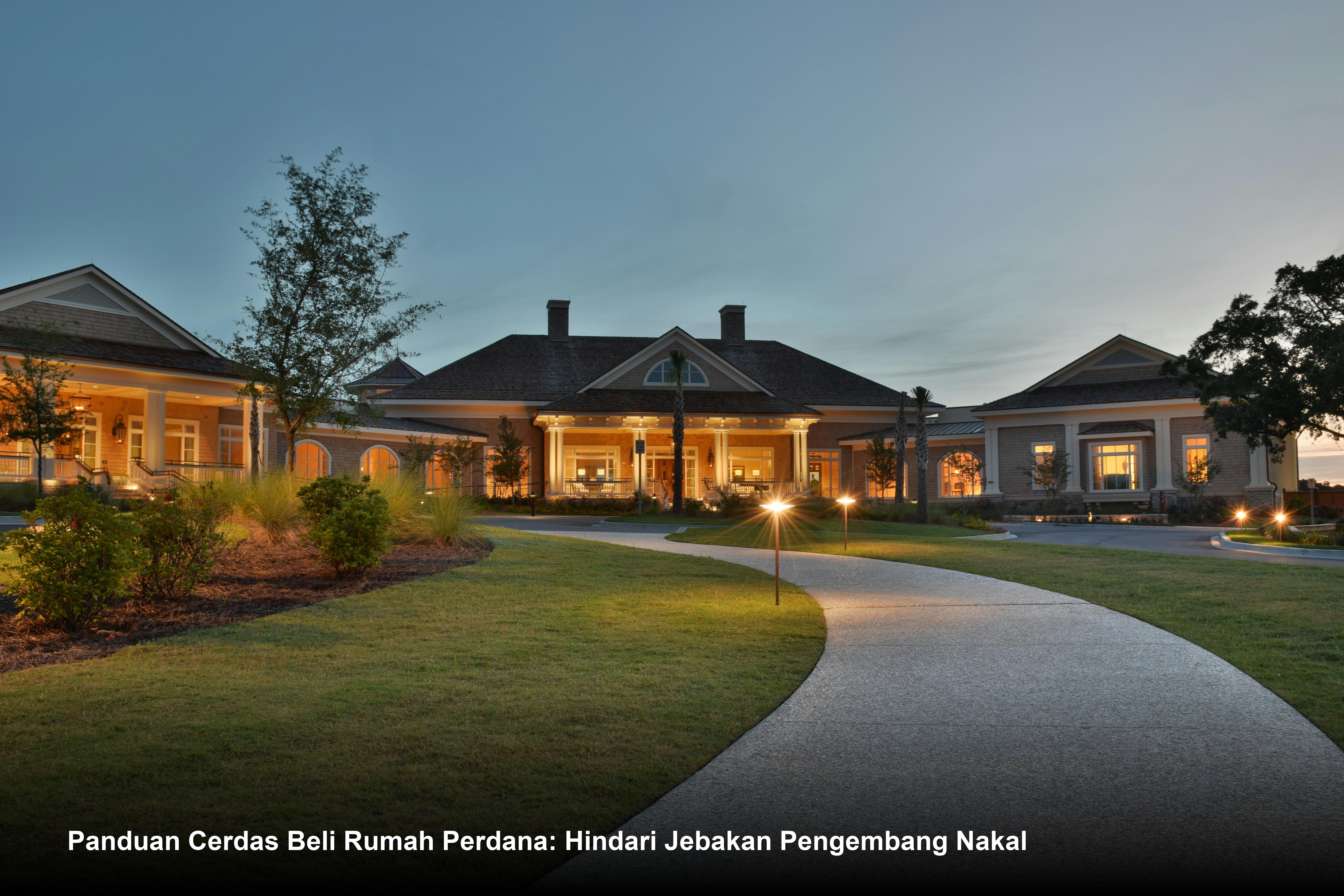 Pasangan muda sedang menandatangani dokumen akad kredit KPR Bank di hadapan notaris dengan latar belakang maket rumah minimalis modern.