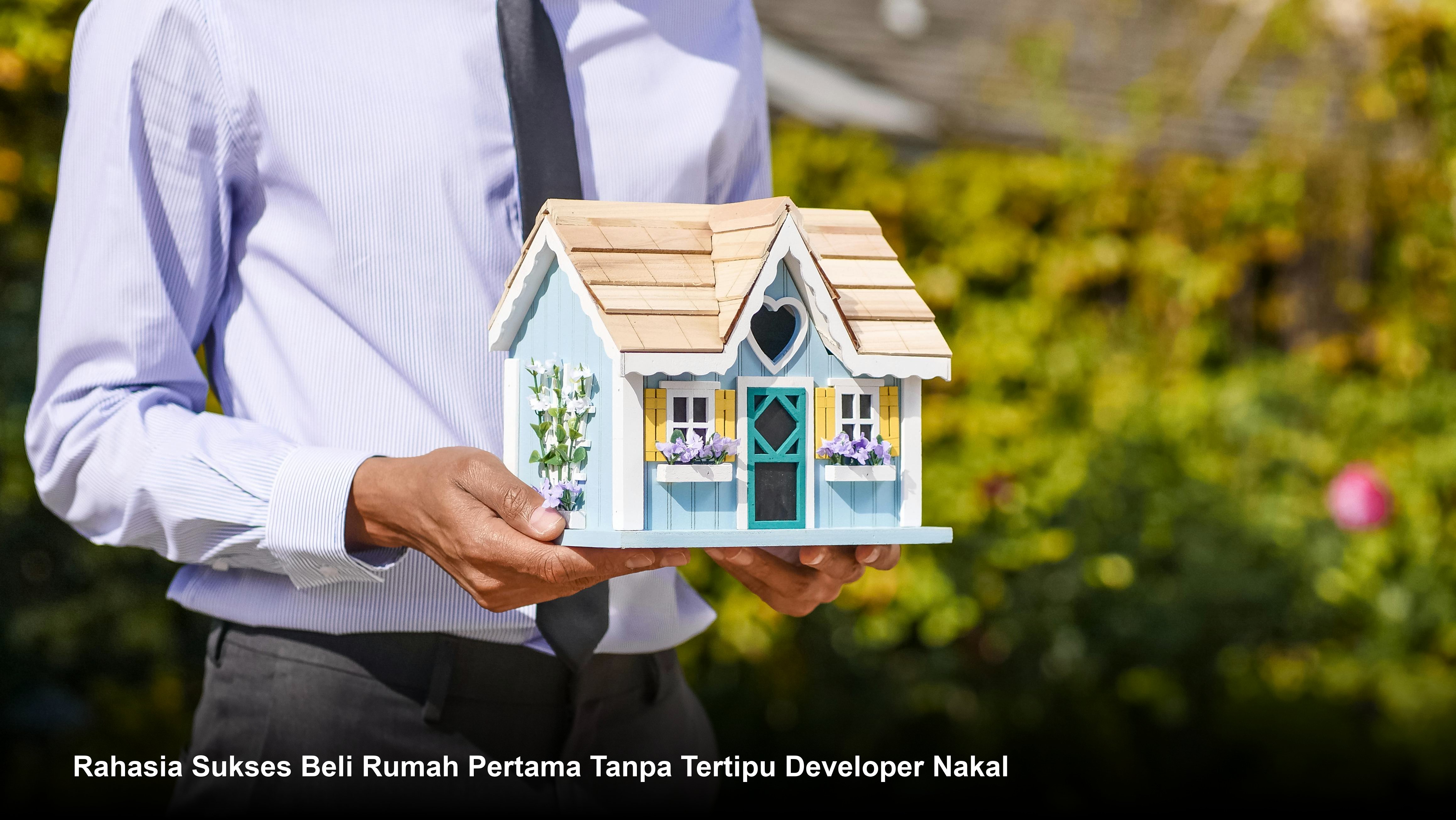 Visualisasi rumah minimalis modern dengan taman asri yang menampilkan papan pengumuman legalitas proyek yang jelas di depan gerbang perumahan.