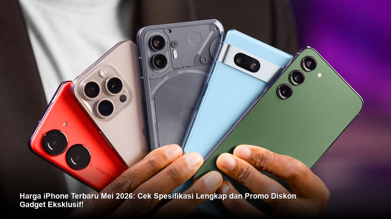 Tampilan elegan iPhone terbaru dengan *casing* metalik mengkilap dipamerkan di atas meja *display* putih minimalis di studio foto profesional.