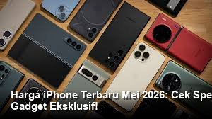 Tampilan close-up iPhone terbaru dengan finishing titanium yang elegan, diposisikan di atas meja kaca dengan pencahayaan studio yang dramatis.