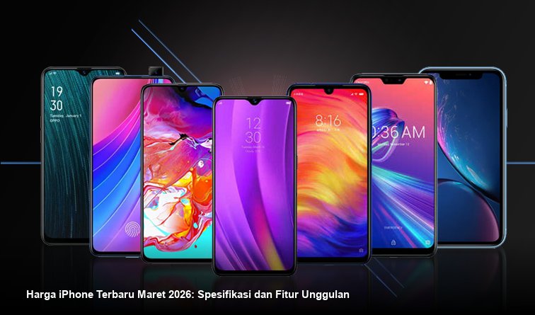 Tampilan smartphone iPhone modern yang elegan dengan latar belakang studio foto yang bersih, menampilkan layar yang tajam dan desain yang premium.
