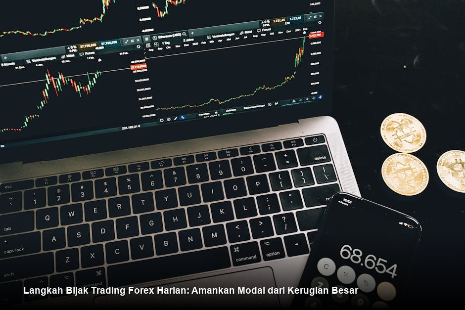 Sebuah tampilan layar laptop profesional yang menampilkan chart candlestick Forex dengan indikator Moving Average dan RSI berwarna-warni yang menunjukkan tren pasar yang jelas.