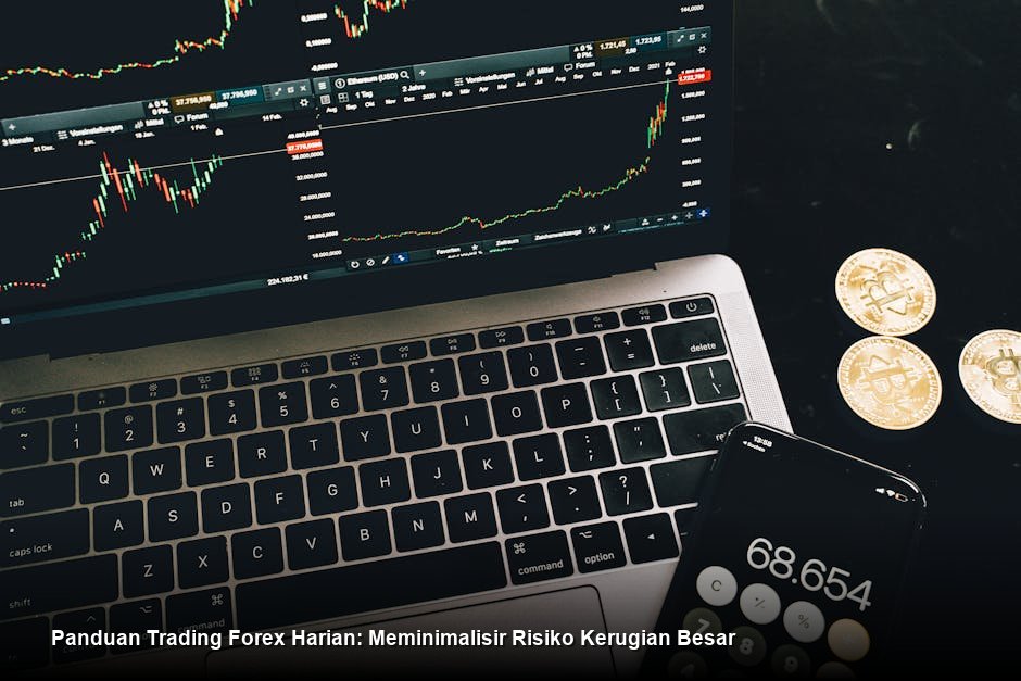 Deskripsi chart harga dengan indikator warna-warni di layar laptop yang tampak profesional, menampilkan garis tren yang jelas dan level support/resistance.