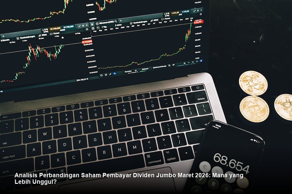 Visualisasi grafik saham berwarna hijau yang menunjukkan tren kenaikan stabil dengan overlay data dividen yang terdistribusi secara berkala.