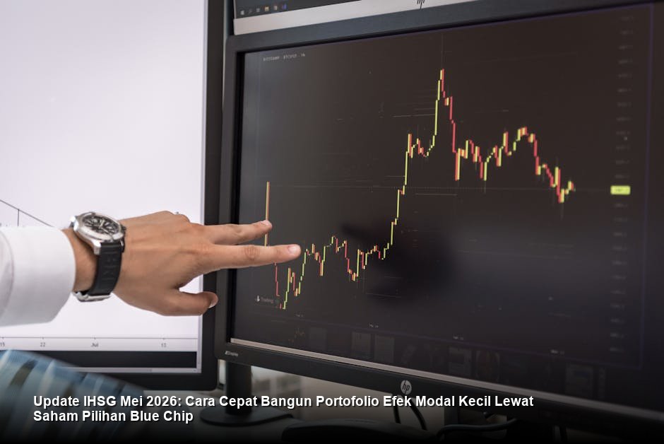 Tampilan grafik candlestick hijau yang bergerak naik di atas layar monitor perdagangan saham futuristik dengan latar belakang gedung Bursa Efek Indonesia yang modern.