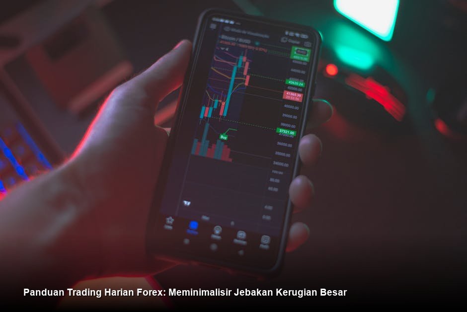Deskripsi chart harga dengan indikator warna-warni di layar laptop yang tampak profesional, menampilkan zona *entry* dan *stop loss* yang terdefinisi jelas.
