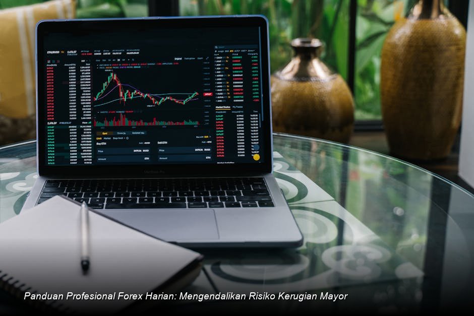 Deskripsi chart harga dengan indikator warna-warni di layar laptop yang tampak profesional, menampilkan konfigurasi indikator moving average dan RSI.