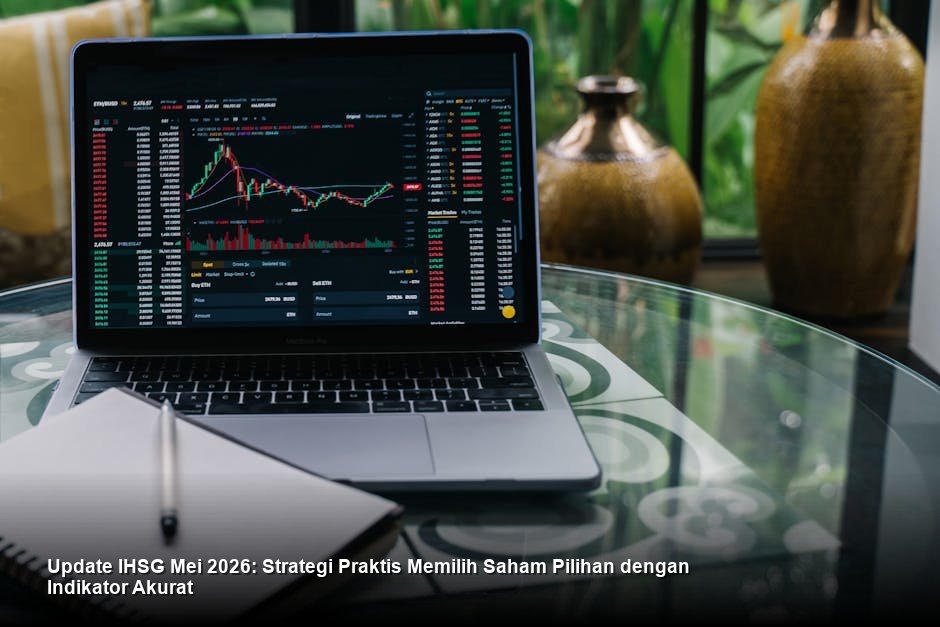 Chart candlestick harian IHSG berwarna hijau yang menunjukkan tren naik menembus level resistance kuat dengan latar belakang layar bursa saham modern.