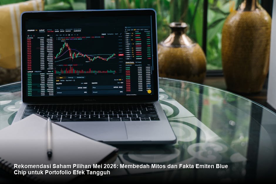 Grafik candlestick berwarna hijau yang menunjukkan tren naik (bullish) dengan latar belakang layar monitor bursa saham modern yang menampilkan data real-time.
