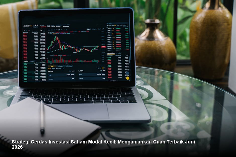 Grafik candlestick berwarna hijau yang menunjukkan tren kenaikan stabil di tengah latar belakang modern ruang trading bursa saham.