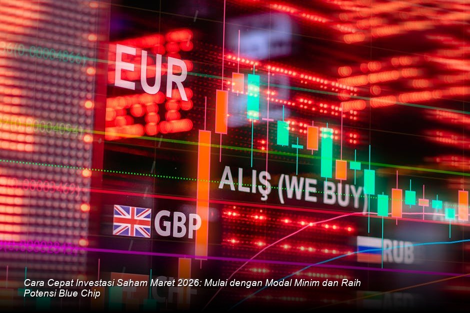 Suasana modern lantai bursa saham dengan grafik lilin hijau yang menunjukkan tren kenaikan harga saham secara bertahap.